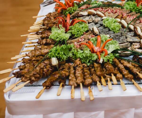 meat kebabs in catering display