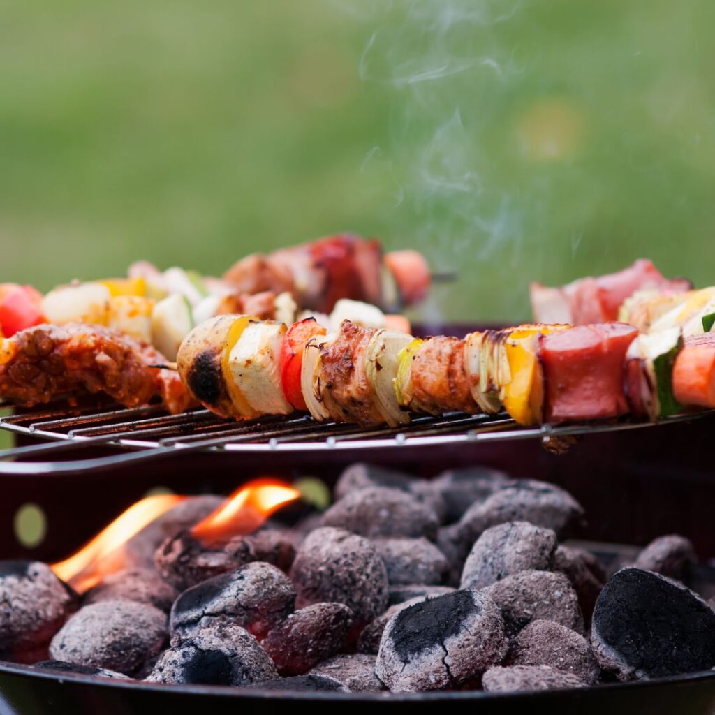 Skewers of barbequed food